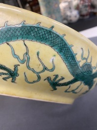 A Chinese yellow-ground famille verte 'dragon' dish, probably Qianlong